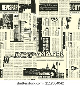 Monochrome seamless pattern with a collage of newspaper clippings. Vector background in retro style with titles, illustrations and imitation of text. Suitable for wallpaper, wrapping paper, fabric