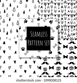 Monochrome seamless pattern collection. Hand drawn vector doodle backgrounds set.