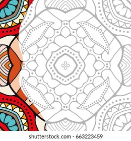 Monochrome seamless pattern with colorful border. Decorative hand drawn ornament for coloring book, stylized geometric floral texture. Zen-doodle style art. Tablecloth, shawl, carpet design