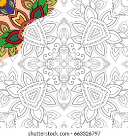 Monochrome seamless pattern with colorful border. Decorative hand drawn ornament for coloring book, stylized geometric floral texture. Zen-doodle style art. Tablecloth, shawl, carpet design