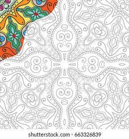 Monochrome seamless pattern with colorful border. Decorative hand drawn ornament for coloring book, stylized geometric floral texture. Zen-doodle style art. Tablecloth, shawl, carpet design