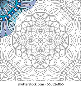 Monochrome seamless pattern with colorful border. Decorative hand drawn ornament for coloring book, stylized geometric floral texture. Zen-doodle style art. Tablecloth, shawl, carpet design