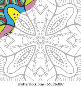 Monochrome seamless pattern with colorful border. Decorative hand drawn ornament for coloring book, stylized geometric floral texture. Zen-doodle style art. Tablecloth, shawl, carpet design