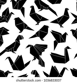Monochrome seamless pattern with colorful origami birds. Vector background with geometric birds:  crane, pigeon, parrot, swan. Hand drawn design for paper, textile print, page fill