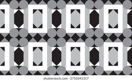 Um padrão monocromático sem costura que consiste em uma série de formas geométricas, como quadrados, círculos e diamantes. A composição repetitiva cria uma impressão rítmica e elegante.