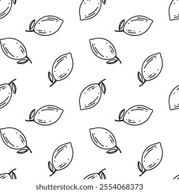 Monochrome seamless pattern with contour images of lemons with leaves on a white background