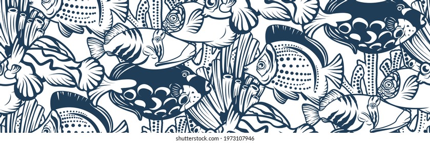 Monochrome seamless pattern with coral reef, fish on a nautical theme. Ideal for textile printing, wallpaper and packaging