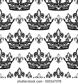 Monochrome seamless pattern with corona and royal lily. Royal signs in style of fashion illustration. Black and white vector background