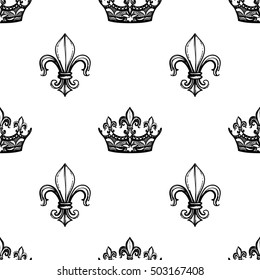 Monochrome seamless pattern with corona and royal lily. Royal signs in style of fashion illustration. Black and white vector background