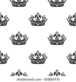 Monochrome seamless pattern with corona. Royal signs in style of fashion illustration. Black and white vector background