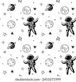 Monochrome seamless pattern with cosmonaut and planets. Space background. Space elements.