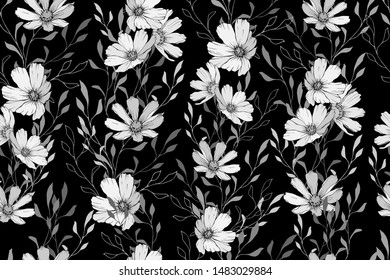 Monochrome seamless pattern with cosmos flower. White flowers on black background. For textile, wallpapers, print, greeting. Vector.