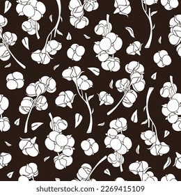 monochrome seamless pattern with cotton flowers