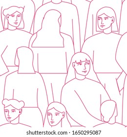 Patrón monocromo sin fisuras de multitud de mujeres. Muchas mujeres paradas y mirando direcciones diferentes. Arte de línea simple. Elemento de diseño para el 8 de marzo