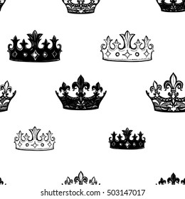 Monochrome seamless pattern with crown, corona, diadem, tiara. Royal signs in style of fashion illustration. Black and white vector background
