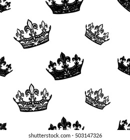 Monochrome seamless pattern with crown and corona. Royal signs in style of fashion illustration. Black and white vector background