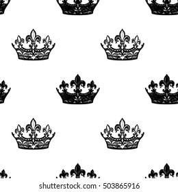 Monochrome seamless pattern with crown and corona. Royal signs in style of fashion illustration. Black and white vector background