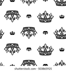 Monochrome seamless pattern with crown and corona. Royal signs in style of fashion illustration. Black and white vector background