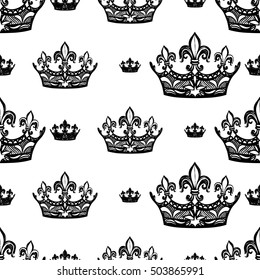 Monochrome seamless pattern with crown and corona. Royal signs in style of fashion illustration. Black and white vector background