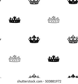 Monochrome seamless pattern with crown, corona, diadem, tiara. Royal signs in style of fashion illustration. Black and white vector background