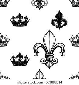 Monochrome seamless pattern with crown, corona, royal lily, kingly flower, queenly iris, regal fleur de lys. Royal signs in style of fashion illustration. Black and white vector background