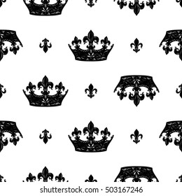 Monochrome seamless pattern with crown and kingly flower. Royal signs in style of fashion illustration. Black and white vector background