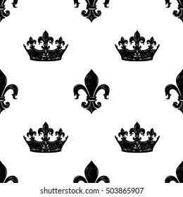 Monochrome seamless pattern with crown and kingly flower. Royal signs in style of fashion illustration. Black and white vector background