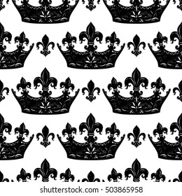 Monochrome seamless pattern with crown and kingly flower. Royal signs in style of fashion illustration. Black and white vector background