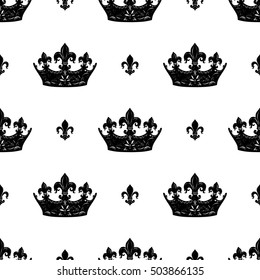 Monochrome seamless pattern with crown and kingly flower. Royal signs in style of fashion illustration. Black and white vector background