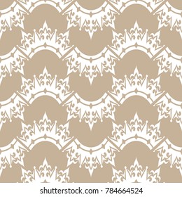 Monochrome seamless pattern with crown and kingly flower. Royal signs in style of fashion illustration.Light brown and white