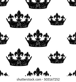 Monochrome seamless pattern with crown. Royal signs in style of fashion illustration. Black and white vector background