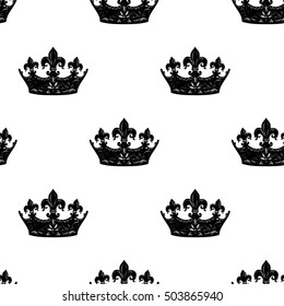 Monochrome seamless pattern with crown. Royal signs in style of fashion illustration. Black and white vector background