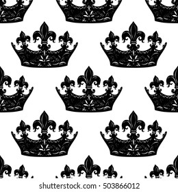 Monochrome seamless pattern with crown. Royal signs in style of fashion illustration. Black and white vector background