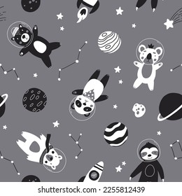 Monochrome Seamless pattern with cute bear astronauts in space, planets, stars, rocket and constellation. Scandinavian style flat black and white design. Brown, polar and panda bear, sloth and koala.