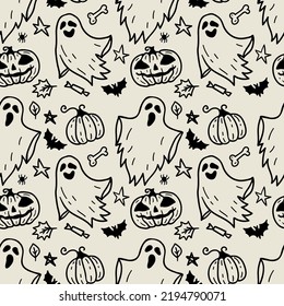 Monochrome seamless pattern of cute cartoon ghosts on light background. Horror Halloween hand drawn doodle background. Cloth Ghosts. Flying Phantoms. Halloween scary ghostly monsters with pumpkins.