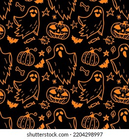 Monochrome seamless pattern of cute cartoon ghosts on black background. Horror Halloween hand drawn doodle background. Cloth Ghosts. Flying Phantoms. Halloween scary ghostly monsters with pumpkins