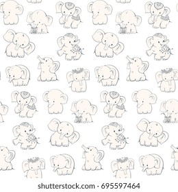  Monochrome seamless pattern with cute cartoon elephants. Vector illustration.