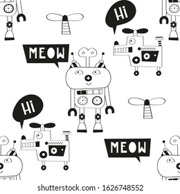 Monochrome seamless pattern with cute cat and dog robots, transformers, androids and cyborgs in Scandinavian style. Vector Illustration. Kids wallpaper for nursery design. Great for baby textile, clot