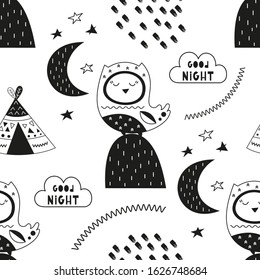 Monochrome seamless pattern with cute forest owls in Scandinavian style. Vector Illustration. Great for baby clothes, greeting card, wrapping paper.