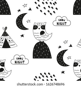 Monochrome seamless pattern with cute forest owls in Scandinavian style. Vector Illustration. Great for baby clothes, greeting card, wrapping paper. Lettering Good night.