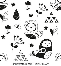 Monochrome seamless pattern with cute forest owls in Scandinavian style. Vector Illustration. Great for baby clothes, greeting card, wrapping paper. Summer background.