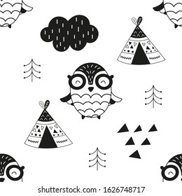 Monochrome seamless pattern with cute forest owls and wigwams in Scandinavian style. Vector Illustration. Great for baby clothes, greeting card, wrapping paper. White background.