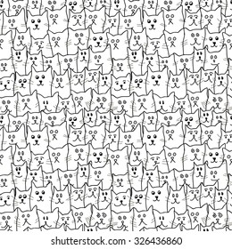 Monochrome seamless pattern with cute funny cats in cartoon style. Vector illustration for textile design, wallpaper, wrapping paper, web design, kids design etc.