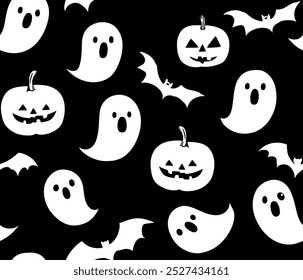 Monochrome seamless pattern of cute ghosts on black background. Halloween scary ghostly monsters with pumpkins and bats. Black and white Halloween pattern