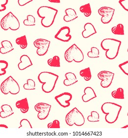 Monochrome seamless pattern with cute grunge pink and red scribbled hearts. Contrast doodle texture for St. Valentines lovely design, textile, wrapping paper, cover, background, wallpaper
