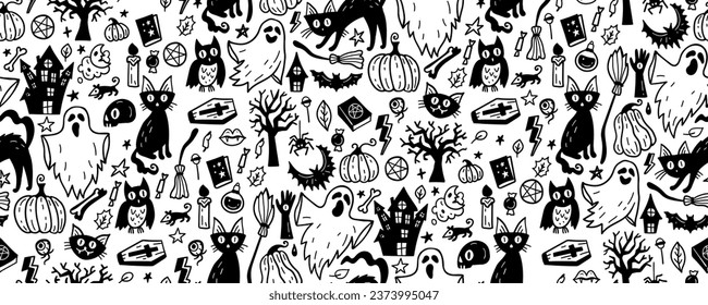 Monochrome seamless pattern of cute Halloween hand drawn doodle