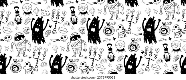 Monochrome seamless pattern of cute Halloween hand drawn doodle