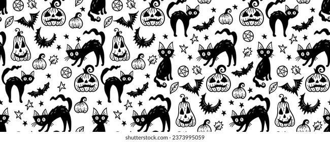 Monochrome seamless pattern of cute Halloween hand drawn doodle