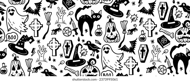 Monochrome seamless pattern of cute Halloween hand drawn doodle