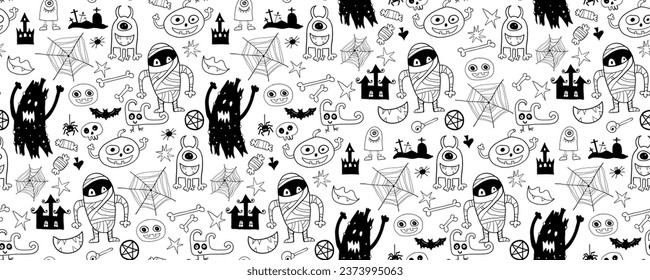 Monochrome seamless pattern of cute Halloween hand drawn doodle